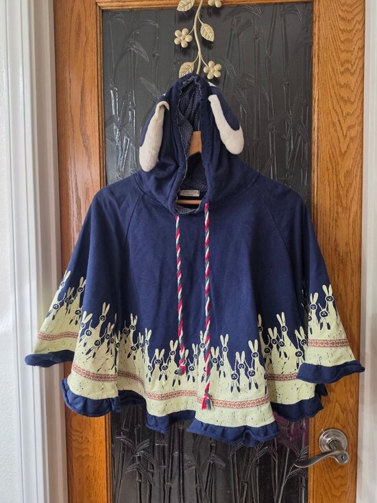Yue Ran Other - Yue Ran Youth XL Bunny Ear Hooded Poncho Cape Rabbit Print Kawaii Blue